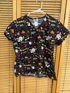 SB Scrubs Black Halloween Print Scrub Top with Orange, Green & Purple Accents